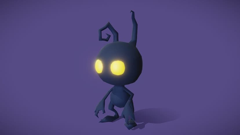 Shadow creature with glowing yellow eyes and curly antennae standing on a purple gradient background.