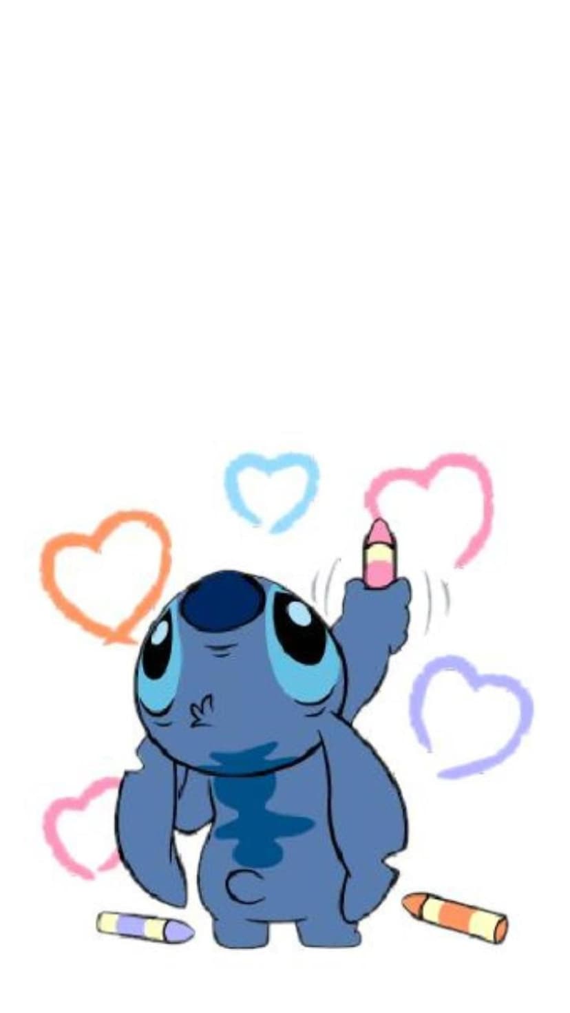 Stitch sits on the floor sketching colorful hearts with crayons, surrounded by pastel doodles and soft colors.
