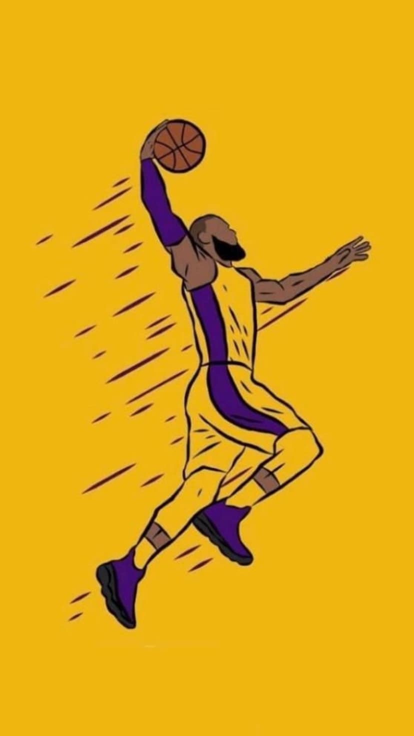 Faceless basketball player in a yellow and purple uniform leaps for a slam dunk on a solid yellow background.