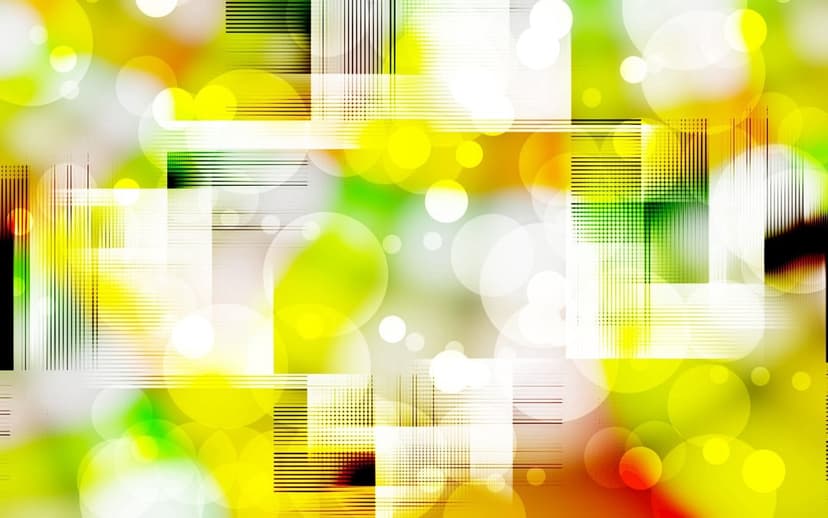 Luminous yellow orbs and green geometric polygons overlap with soft-focus bokeh lights and white light flares.