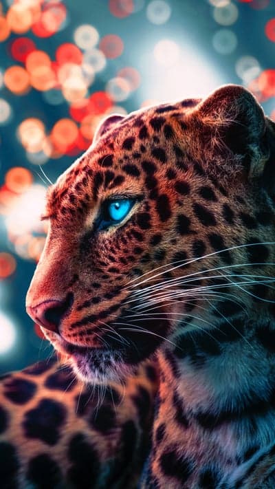 Leopard with Striking Blue Eyes in Bokeh Lights