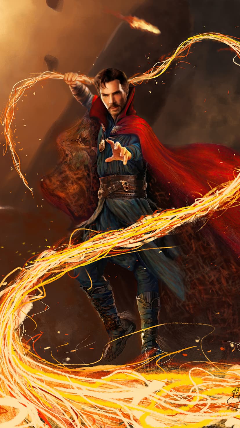 Doctor Strange wears a red cape while wielding swirling orange energy against a dark, fiery, ember-filled backdrop.