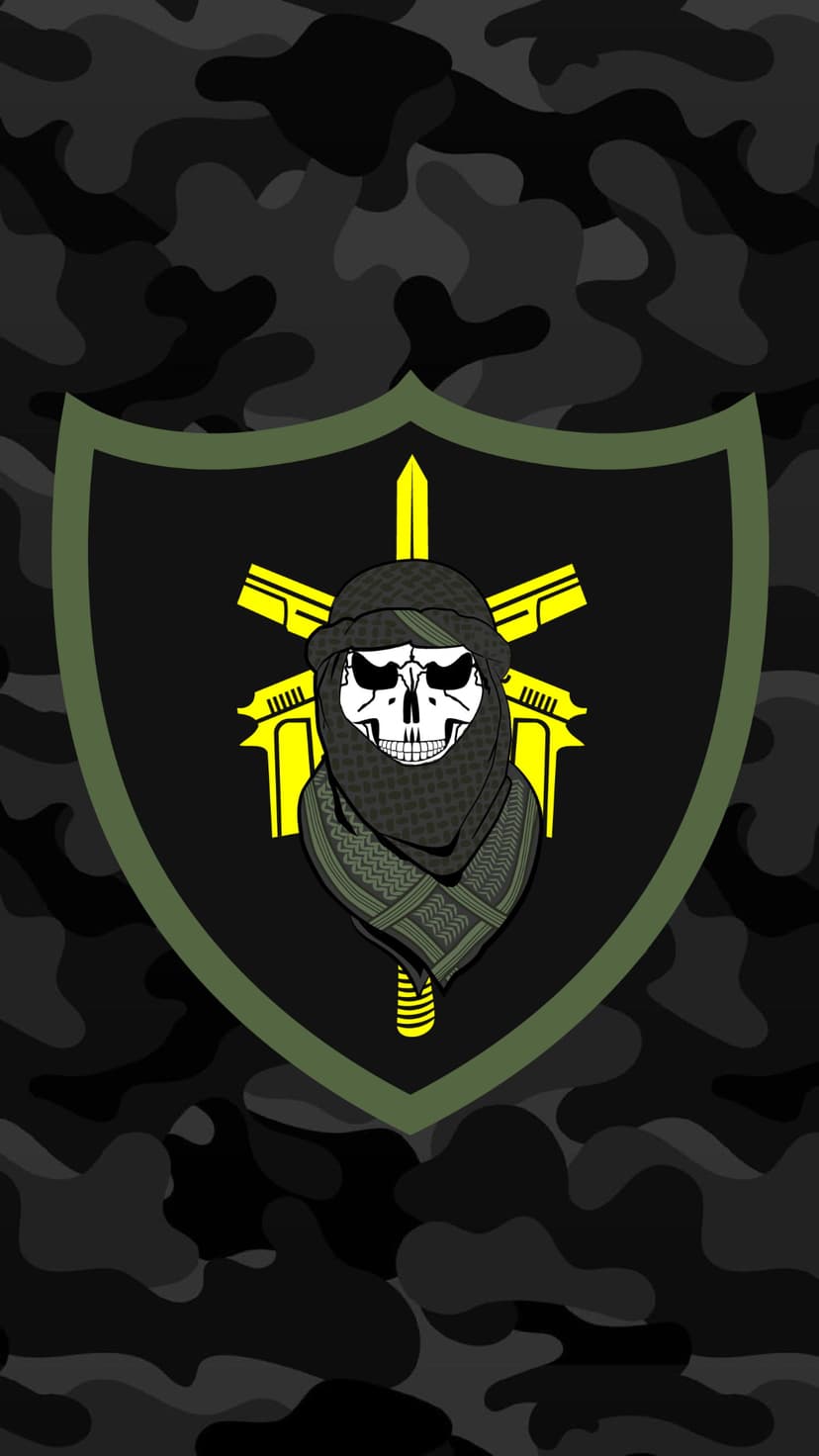 Tactical skull wearing a keffiyeh scarf centered between crossed rifles on a dark gray camouflage background.