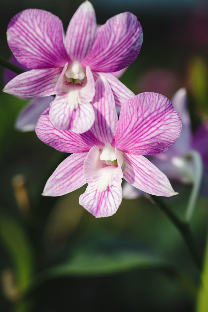 Pink and white striped orchids with purple veins bloom in sharp focus against a soft green leafy background.