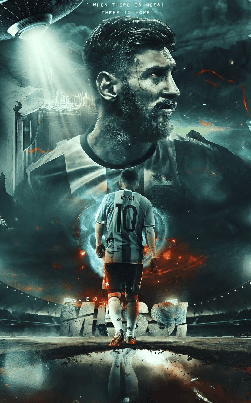 Lionel Messi stands on a football field beneath a glowing UFO and futuristic skyline with an inspiring quote.