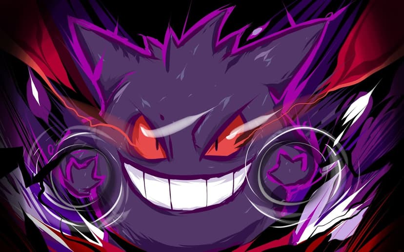 Gengar Pokémon with glowing red eyes and a wide grin surrounded by purple energy on a dark background.