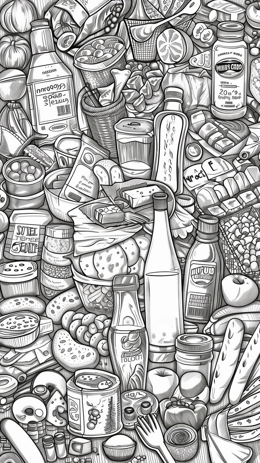 Grocery items like bread, fruits, and canned goods in black and white line art on a clean background.