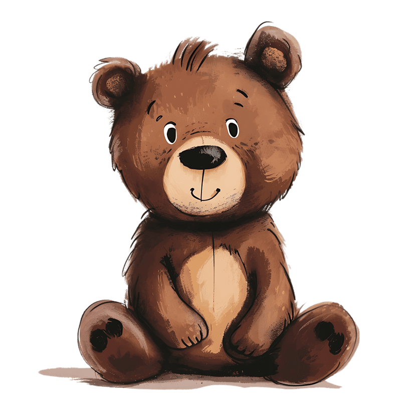 Brown teddy bear watercolor illustration sits upright featuring soft fur textures and a friendly expression.