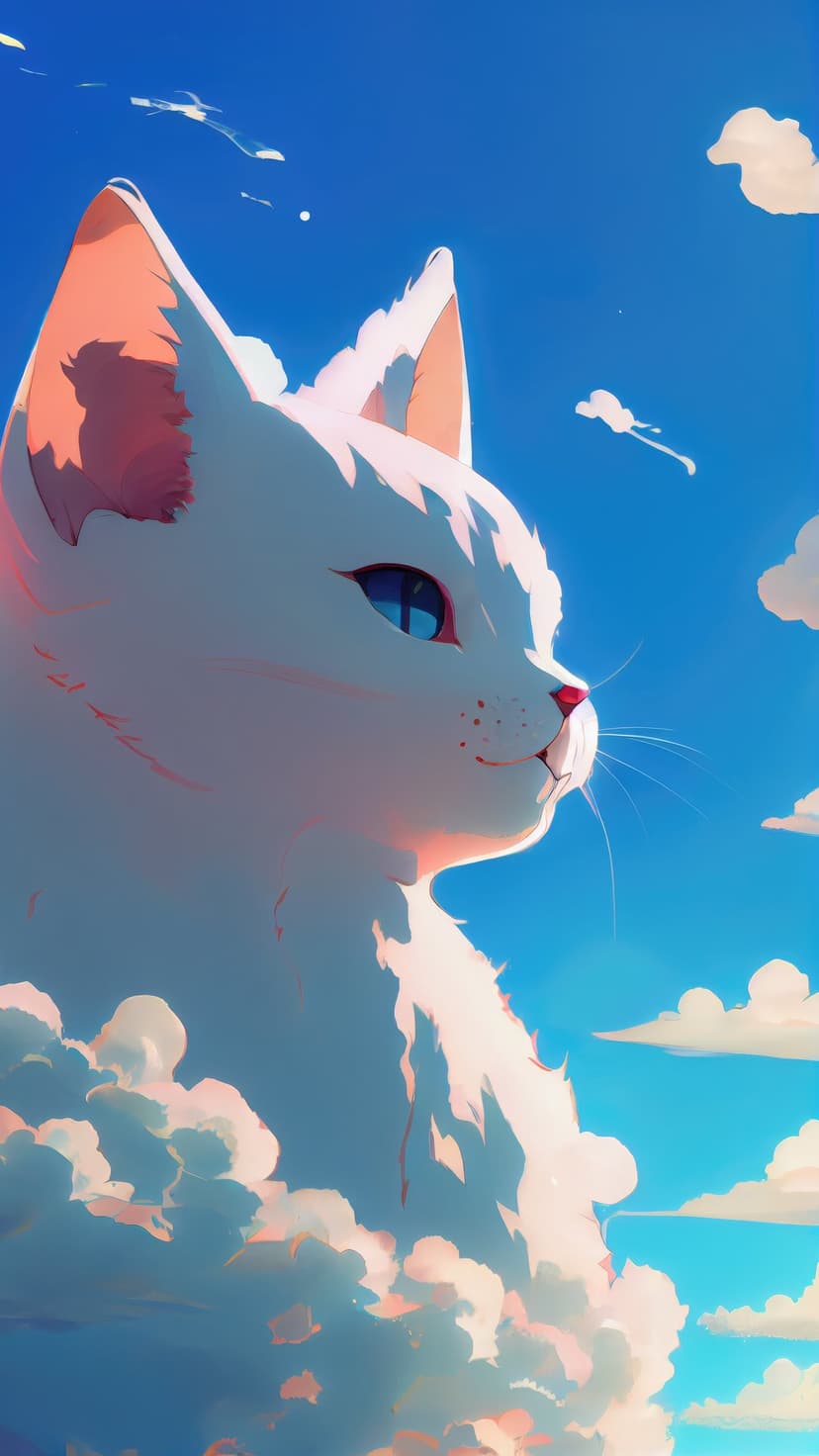 White cat formed from fluffy cumulus clouds floating in a bright blue sky with soft, vaporous fur textures.