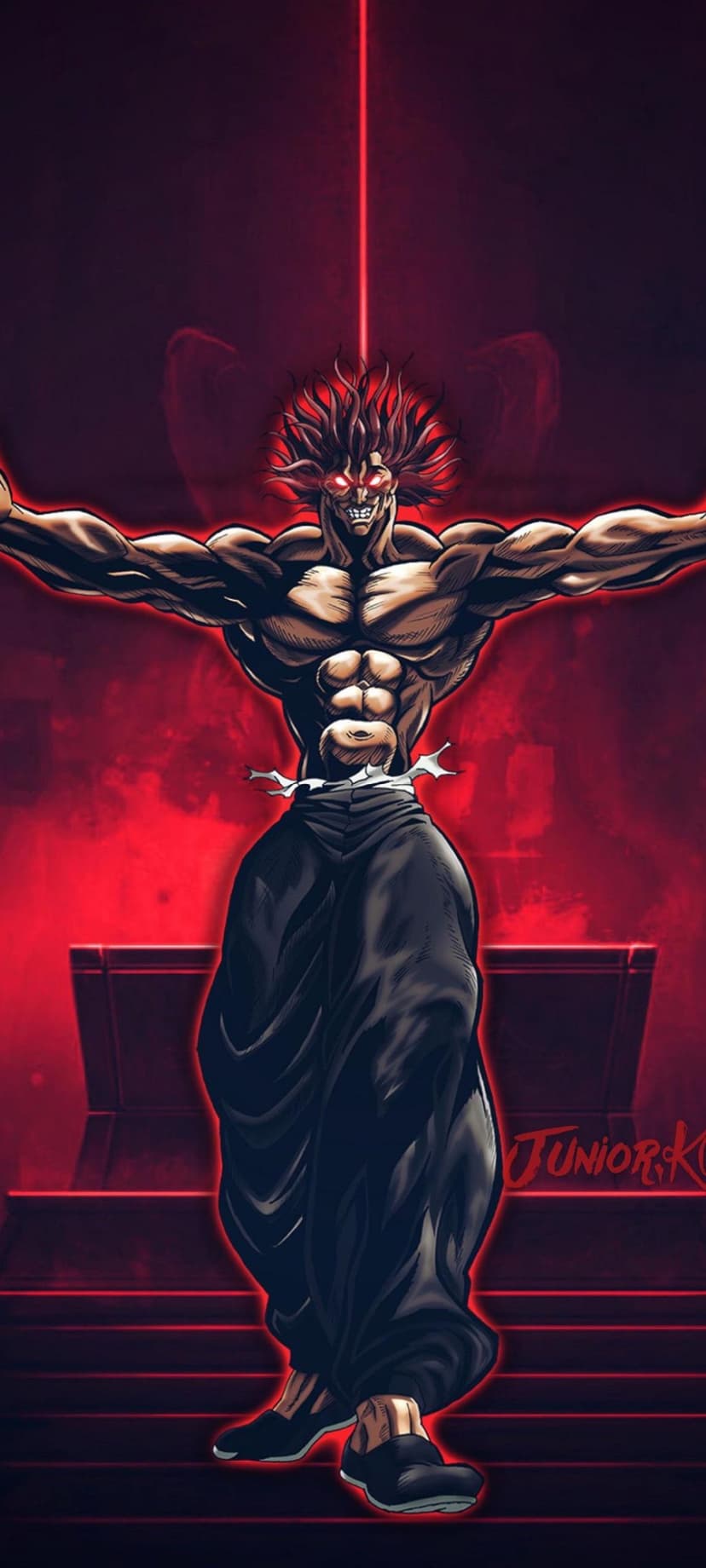Baki Hanma with glowing red eyes and a laser beam on his forehead stands against a dark crimson energy field.