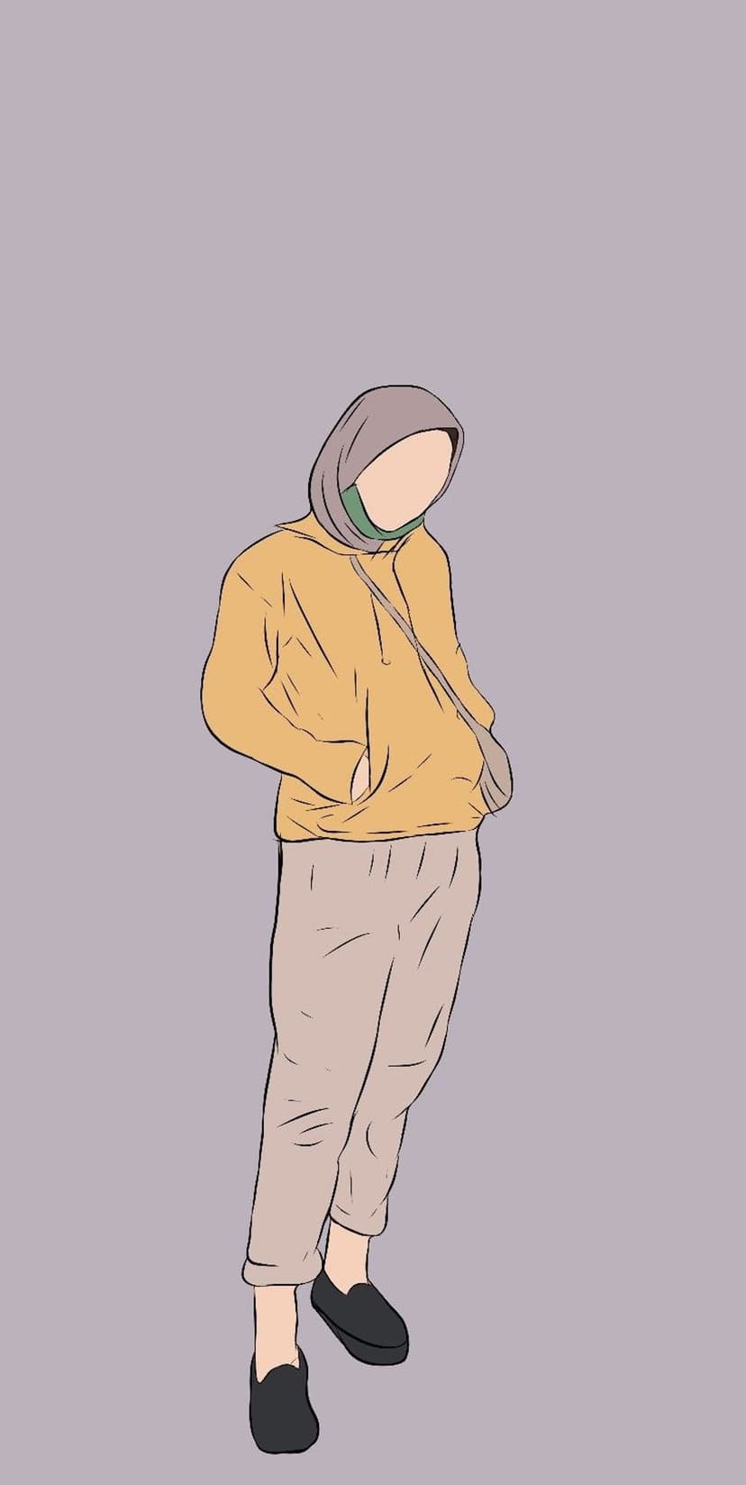 Woman wearing a yellow hoodie and hijab poses with a crossbody bag against a solid muted purple background.