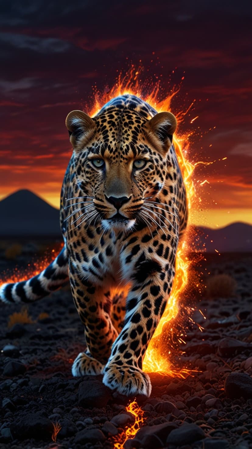 Spotted leopard walking through orange flames and flying sparks against a dark crimson sunset sky background.