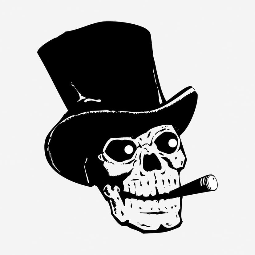 Skull with a top hat smoking a lit cigar rendered in high-contrast black and white ink for mobile screens.