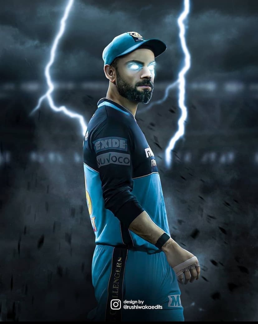 Virat Kohli with glowing eyes stands in a dark stadium under jagged lightning bolts and a stormy sky.