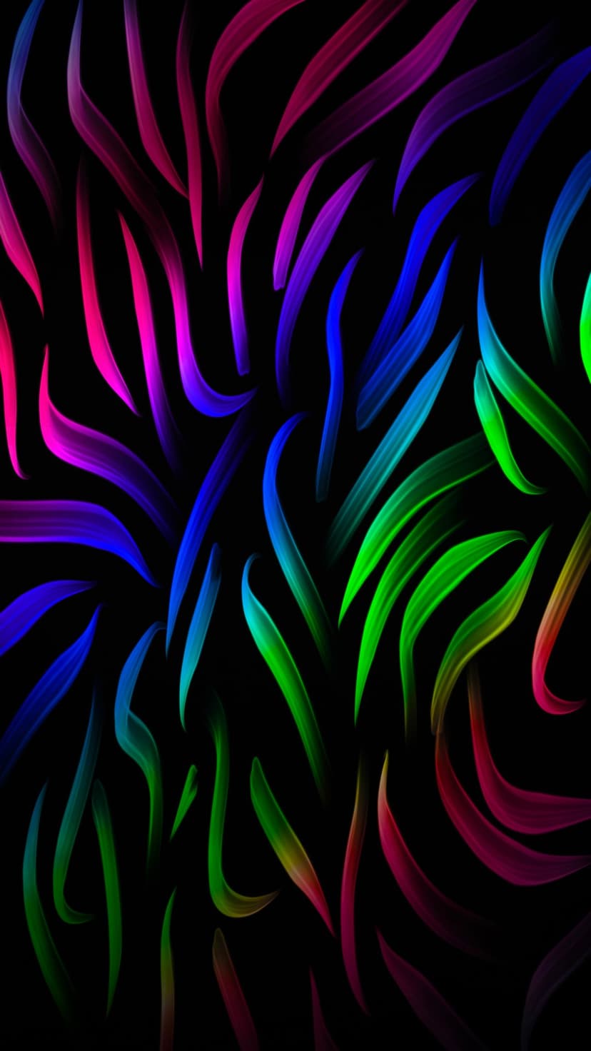 Multicolored fluid light ribbons curve across a pitch-black background with glowing gradients and sharp edges.