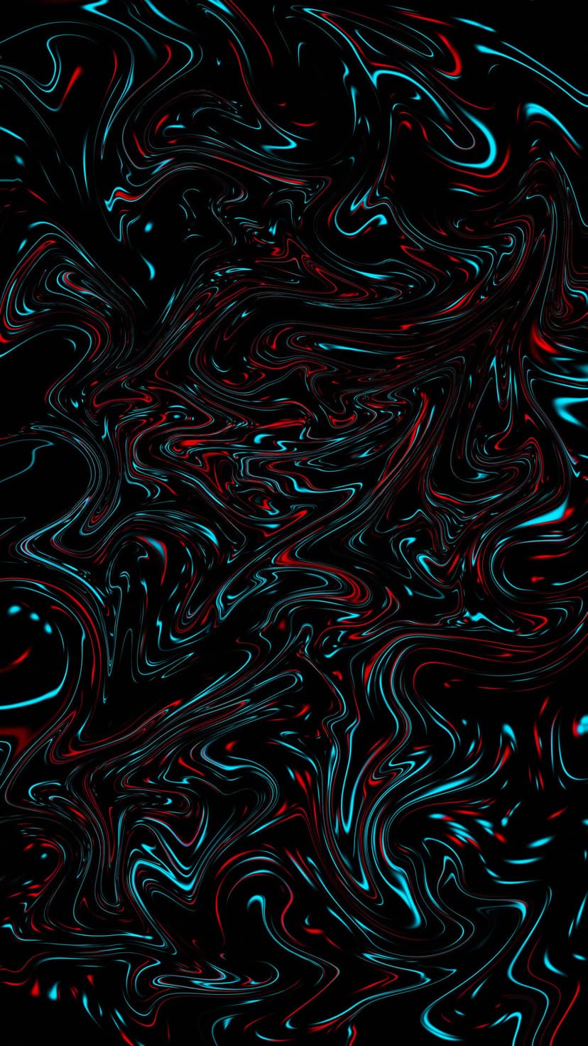 Radiant red and blue fluid swirls intertwine across a deep black void with a sense of high-energy motion.