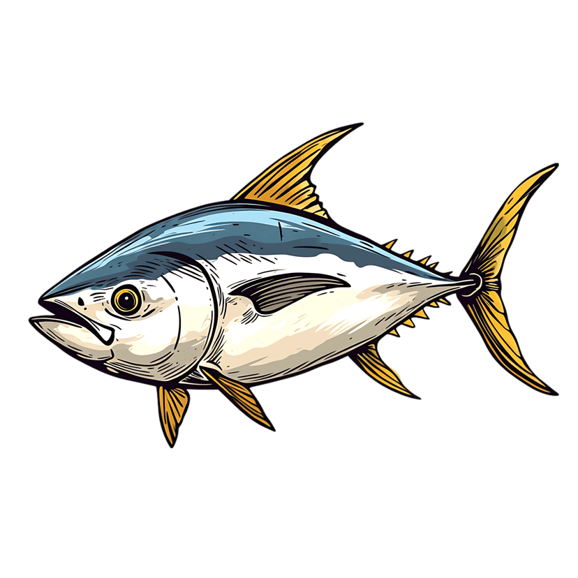 Tuna fish vector illustration featuring a blue body, yellow fins, and thick black outlines on a dark background.
