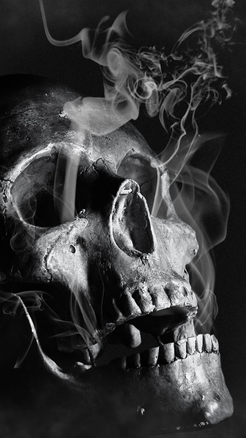 Human skull with textured bone surfaces surrounded by translucent wisps of smoke against a black background.