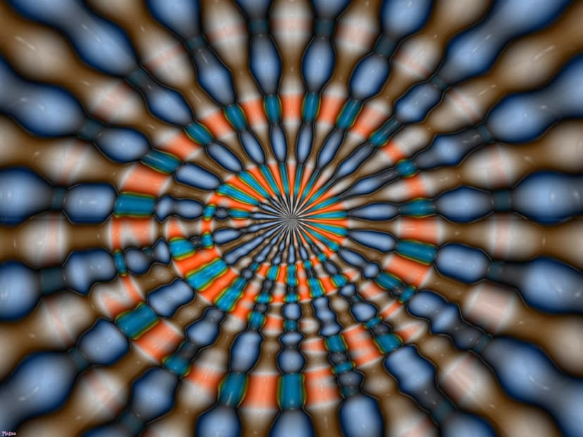 Vibrant orange and sapphire blue concentric rings forming a symmetrical, hypnotic radial geometric pattern.