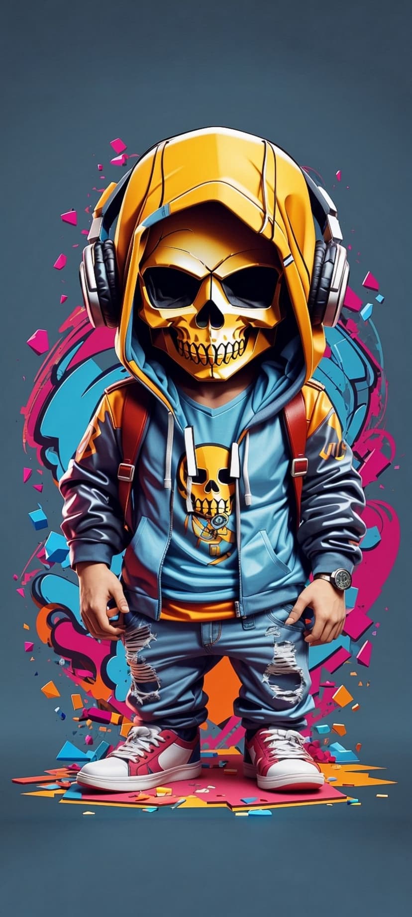 Golden skull character wearing a yellow hoodie and blue jacket against neon pink and blue abstract splashes.