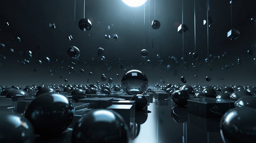 Black glossy spheres and cubes on a reflective floor with suspended orbs under bright, atmospheric backlight.