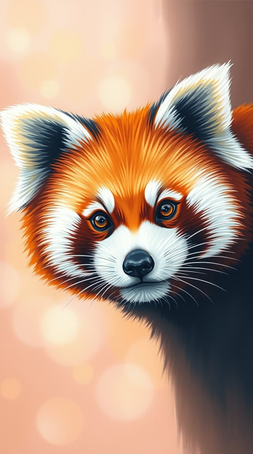 Red panda face featuring orange fur and amber eyes set against warm golden bokeh light on a vertical background.