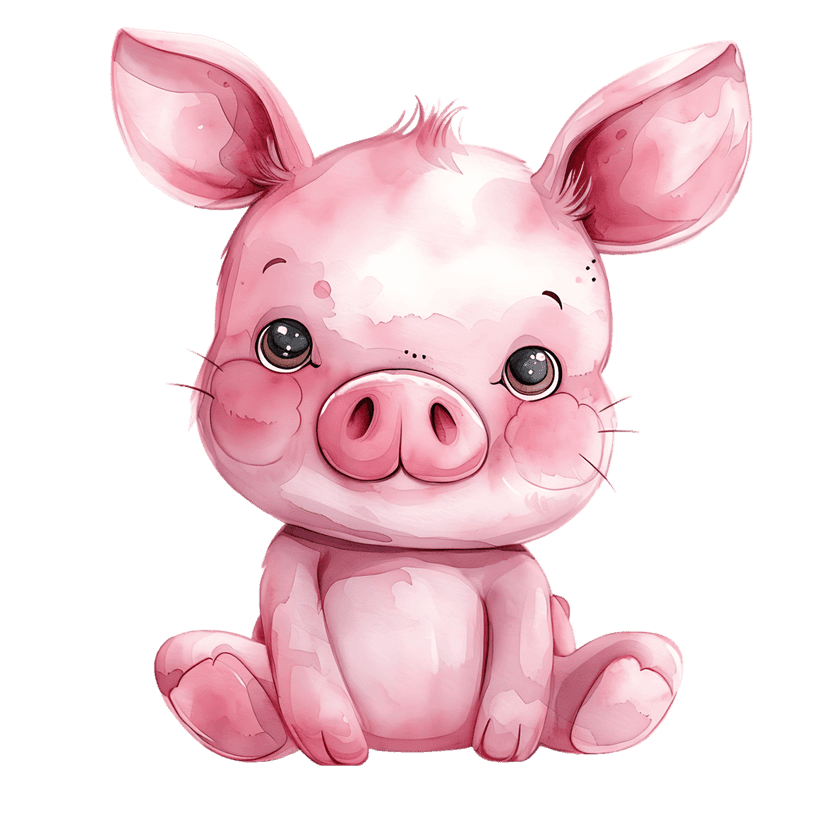 Pink piglet watercolor illustration sits centered on a black background featuring soft textures and large eyes.