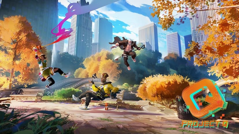 Stylized characters leap through a city park with autumn trees, a stone bridge, and skyscrapers under a blue sky.