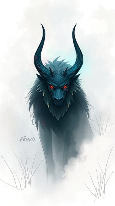 Fierce Fenrir Wolf with Glowing Red Eyes and Dark Horns
