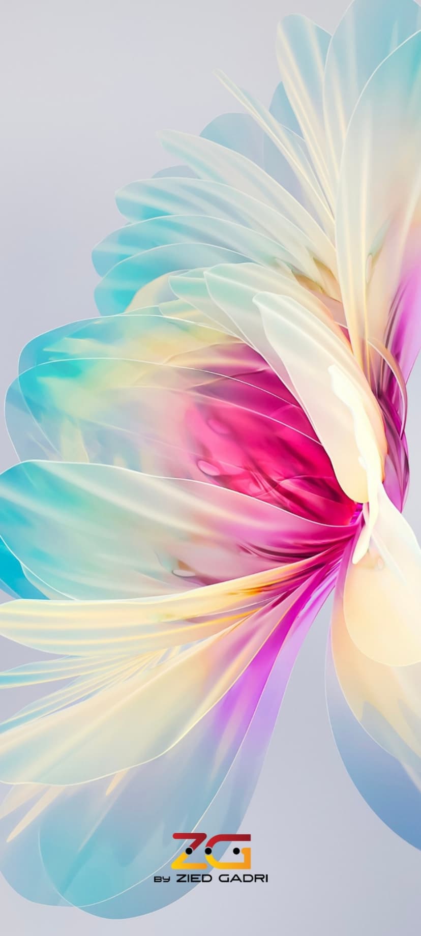 Layered translucent petals in blue, pink, and yellow hues flow vertically with soft lighting and organic curves.