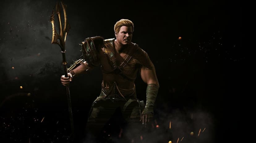 Aquaman in green and gold armor holding a trident amidst smoke and glowing embers on a dark background.
