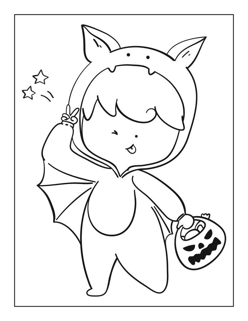 Halloween coloring page shows a child in a bat costume making a peace sign and holding a pumpkin candy bucket.