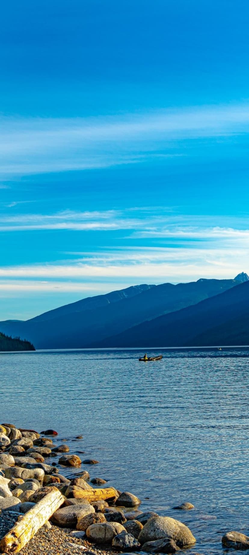 Kayaker paddling a blue boat on a calm alpine lake with weathered driftwood and tall mountains in the background.