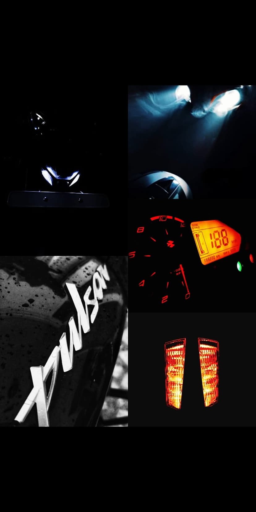 KTM Duke motorcycle headlight, digital speedometer showing numbers, and orange LED tail lights in a dark collage.