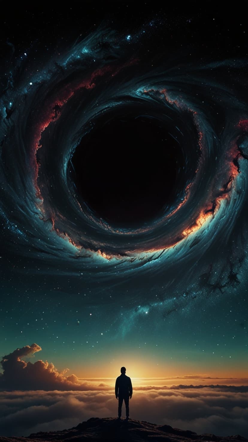 Silhouette of a man on a cliff edge viewing a giant black hole surrounded by glowing red and blue nebulae.