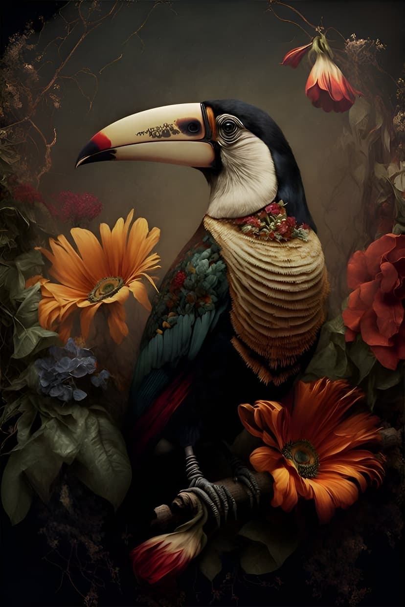 Toucan with a large orange beak perches among pink and red tropical flowers against a dark, shadowy background.