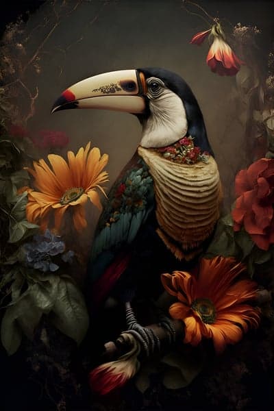 Toucan amidst vibrant tropical flowers, dark moody setting