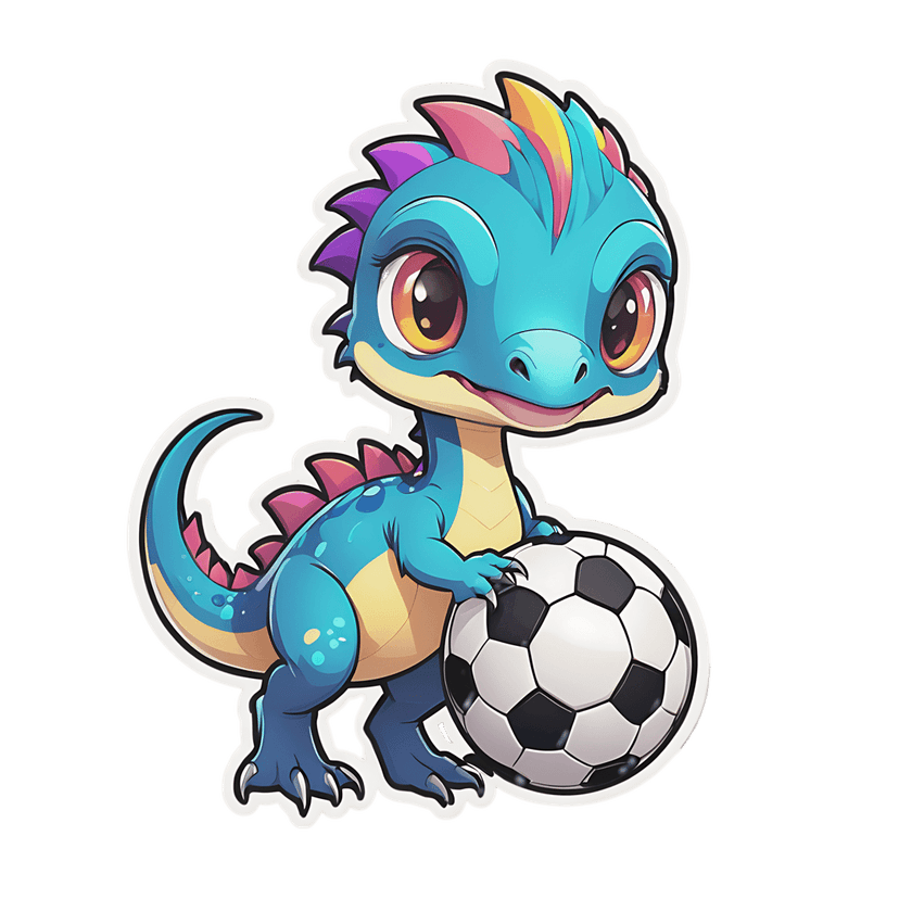 Blue dinosaur soccer sticker sits centered on a dark background featuring a glossy finish and white border.