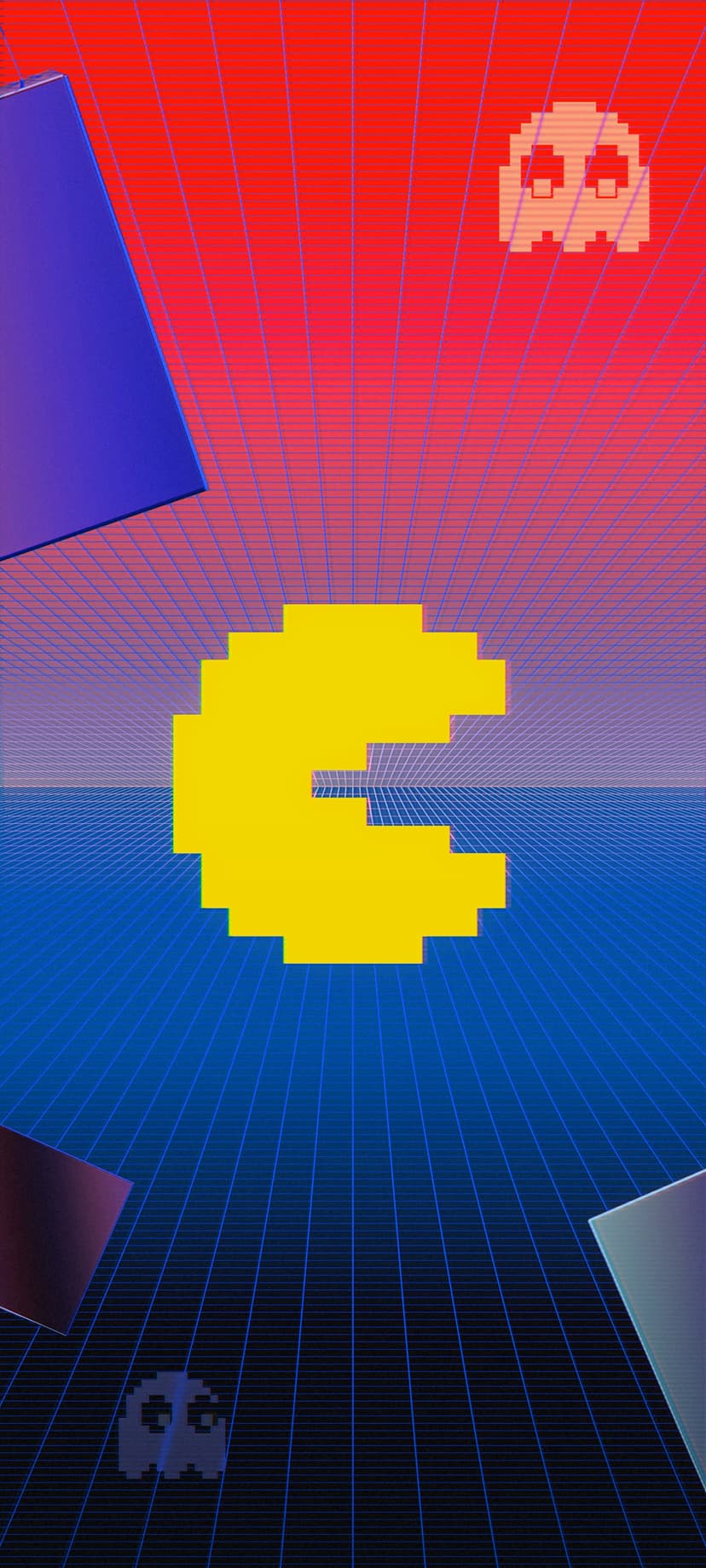 Yellow pixelated Pac-Man centered on a red and blue grid background with floating ghosts and 3D glass shapes.