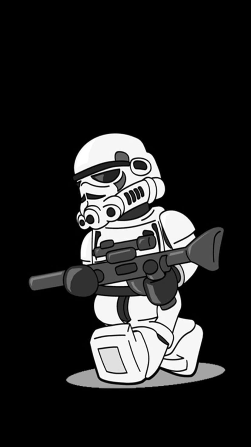 Chibi Stormtrooper in white armor kneels while holding a black blaster rifle against a solid black background.