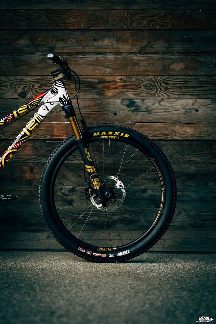 White mountain bike with red tribal graphics and gold spokes leaning on a rustic wooden wall in vertical view.