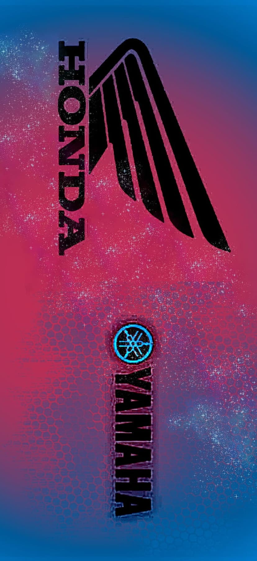 Honda wing and Yamaha circular emblems overlay a pink and blue gradient galaxy background with white starlight.