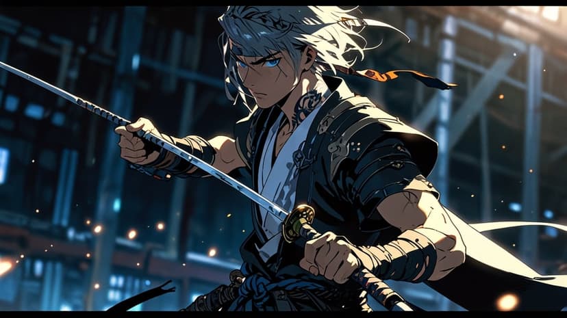 Silver-haired samurai in dark armor holds a katana against a blurred backdrop of glowing futuristic city lights.