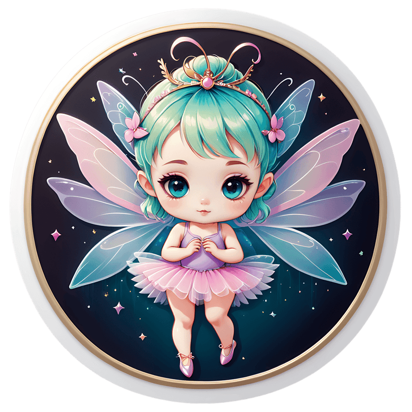 Chibi fairy sticker with aqua hair wears a pink ballet tutu and iridescent wings against a dark starry sky.