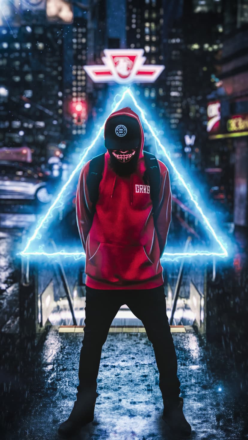 Masked person in a red hoodie stands on a rain-slicked city street before a glowing blue neon triangle.