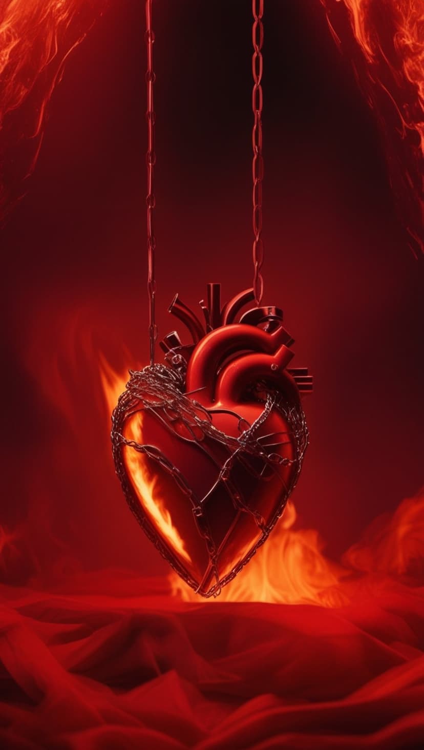 Metallic anatomical heart engulfed in orange flames and wrapped in heavy iron links against a dark red backdrop.