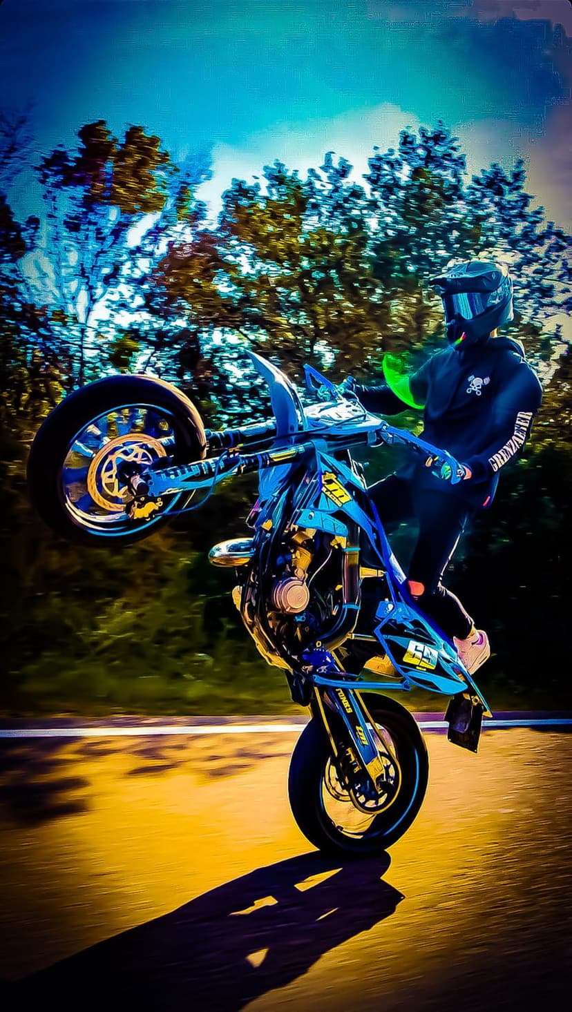 Motorcyclist in a black hoodie performs a wheelie on a blue sportbike against a blurred forest background.