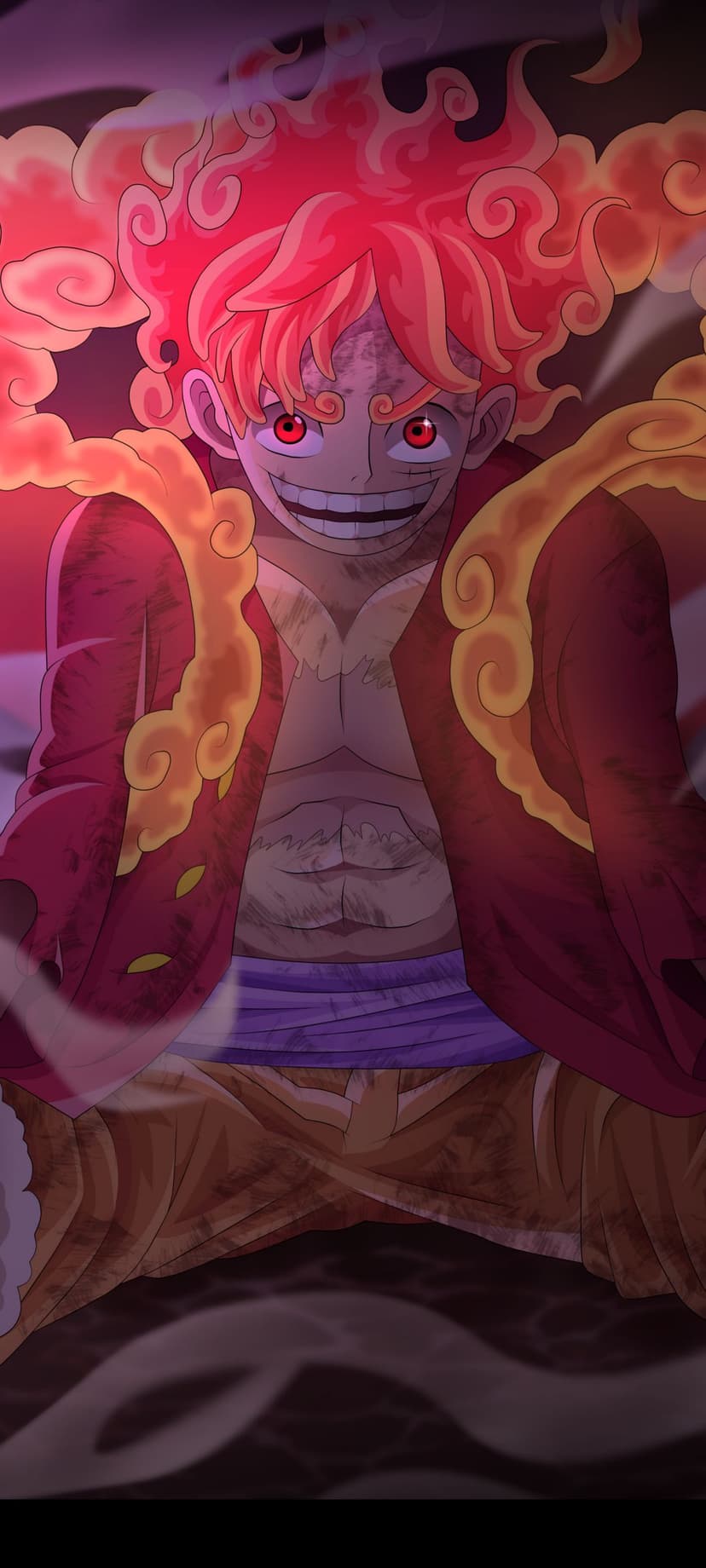 Luffy in Gear 5 form smiles while surrounded by swirling red and yellow flames and a glowing fiery aura.