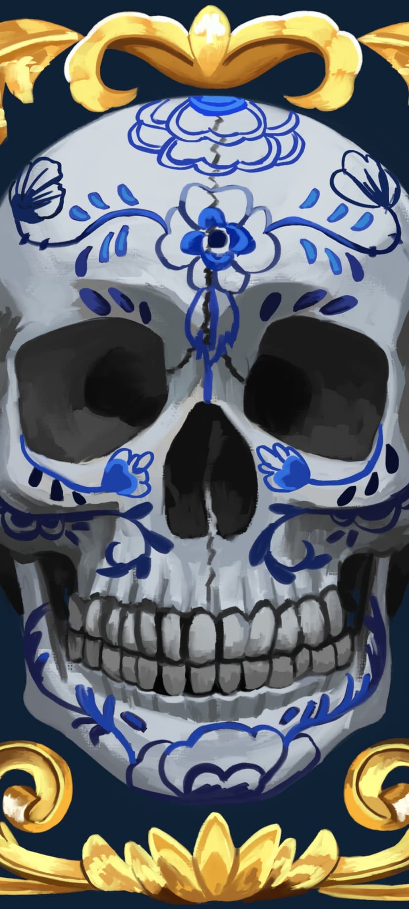 Ornate white skull with blue flower patterns and gold scrollwork frames set against a dark navy background.