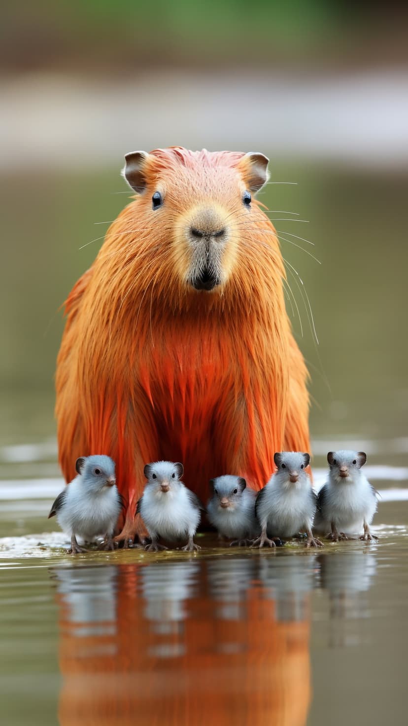 Capybara mother with five small pups wading in shallow, reflective water within a tranquil natural setting.